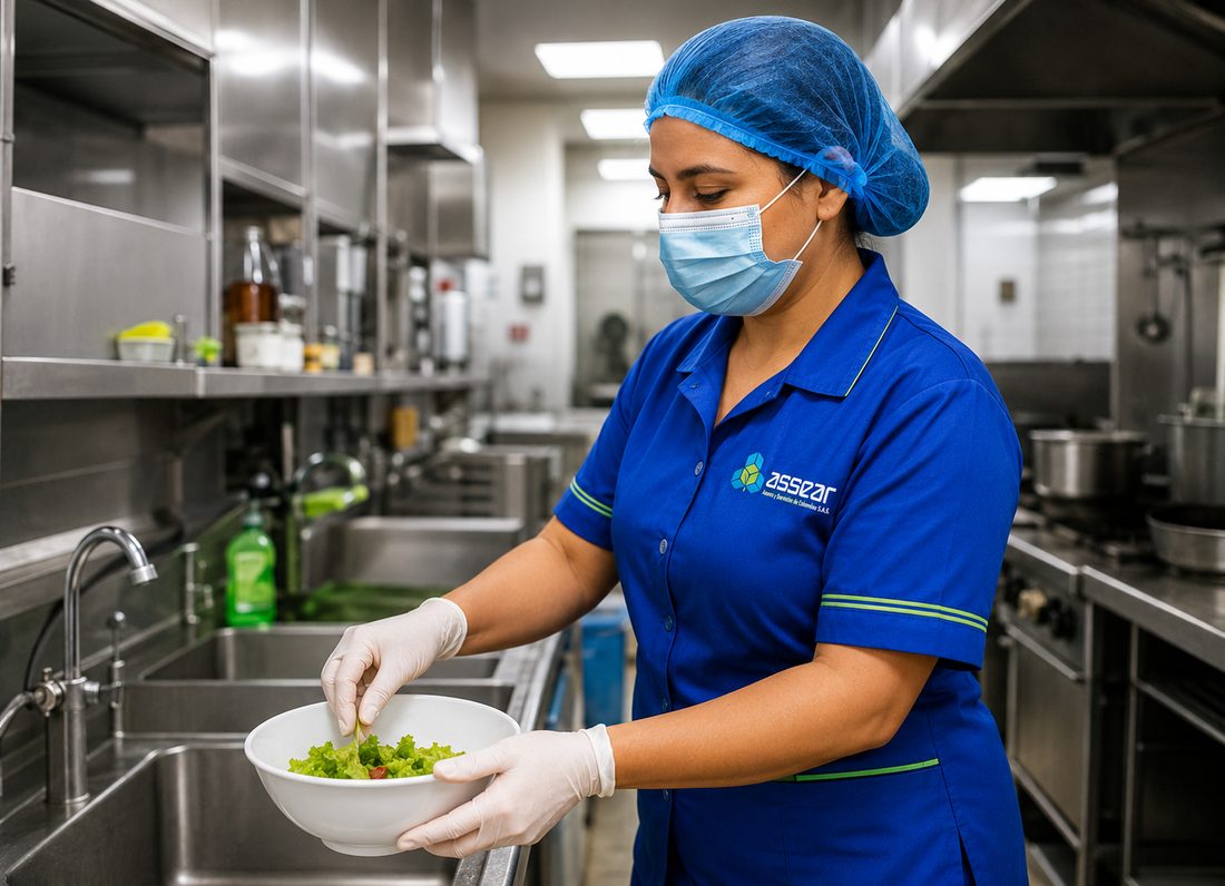 Manipuladora de alimentos de Assear en una cocina industrial